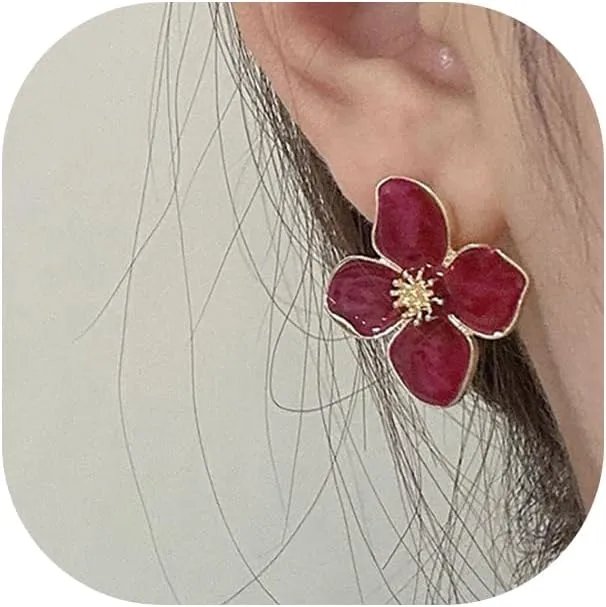 Sweet Enamel Flower Stud Earrings for Women,Irregular Gold Plated Geometry Large Chunky Floral Statement Dangle Earrings,Minimalist Petal Jewelry Gift