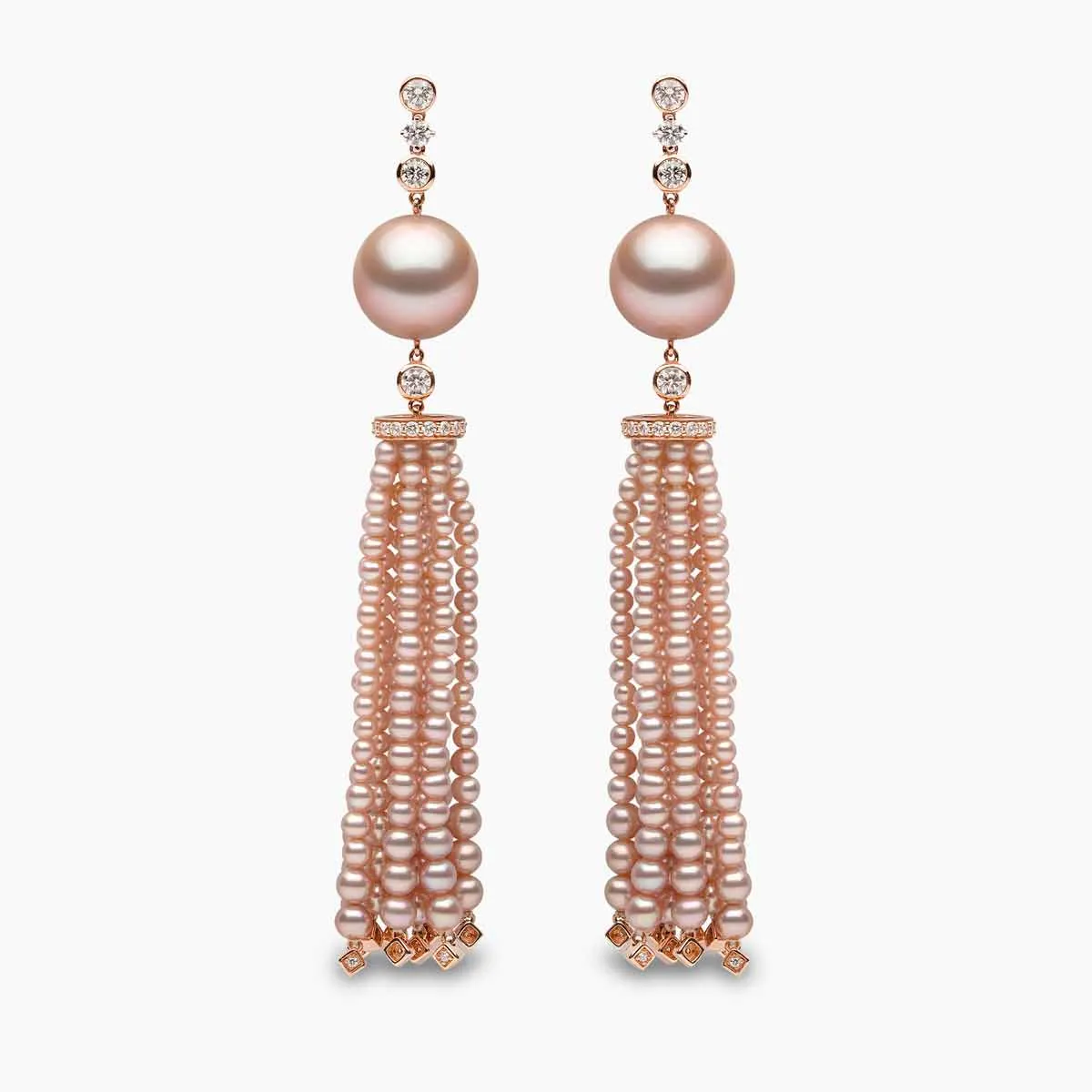 Tassel 18K Gold Pink Freshwater Pearl and Diamond Earrings