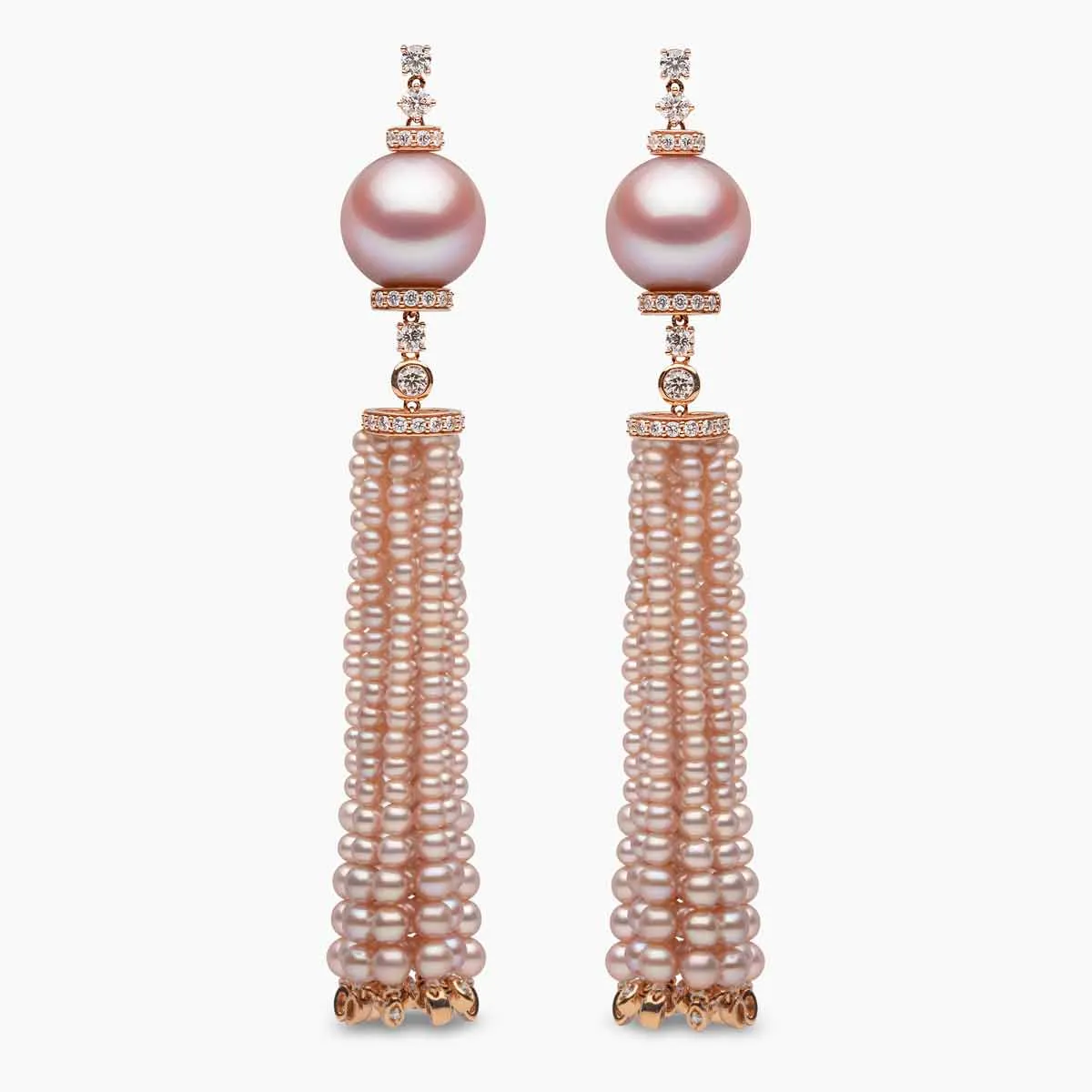 Tassel 18K Gold Pink Freshwater Pearl and Diamond Tiered Earrings