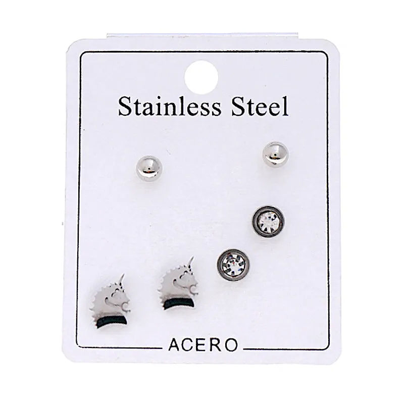 TE946S - Stainless Steel Unicorn 3 Pair Stud Earring Set