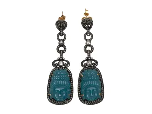 Teal Jade & Pave Diamond Bavna Carved Pierced Drop Earrings