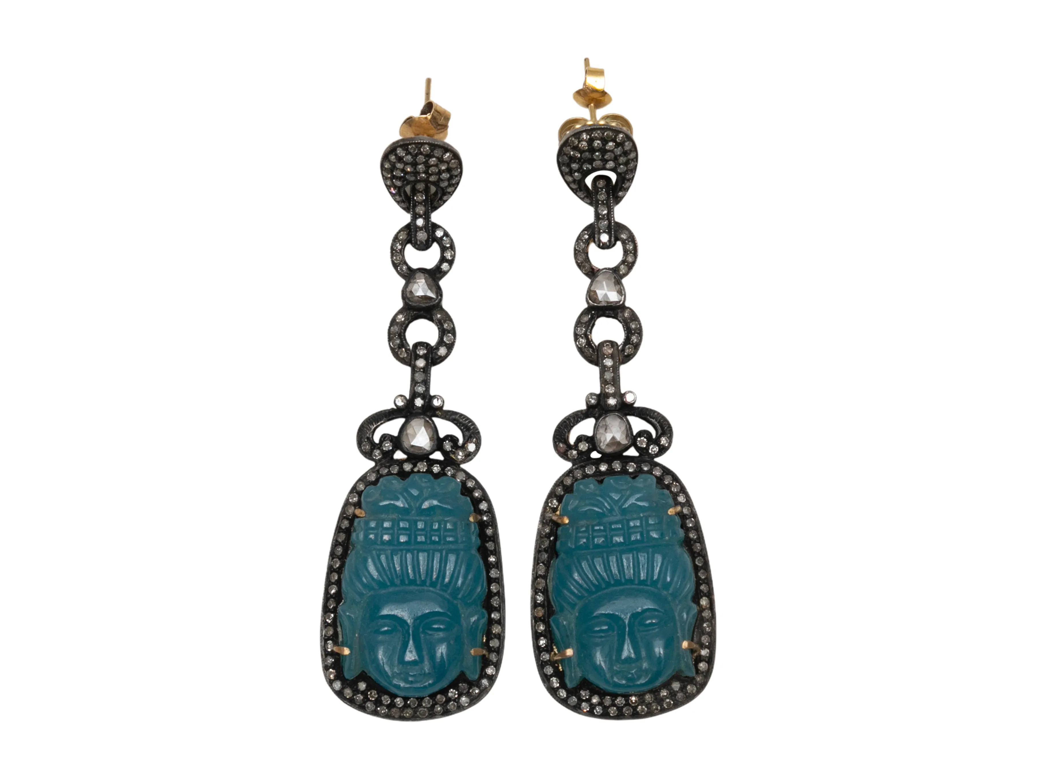 Teal Jade & Pave Diamond Bavna Carved Pierced Drop Earrings