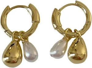 Teardrop Pearl Double Dangle Hoop Earring for Women Geometry Huggie Hoops Earrings Minimalist Waterdrop Dangling Drop Charm Earrings
