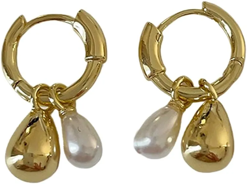 Teardrop Pearl Double Dangle Hoop Earring for Women Geometry Huggie Hoops Earrings Minimalist Waterdrop Dangling Drop Charm Earrings