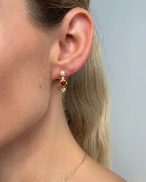 TEXTURED PEARL & STONE STUD HOOPS 18K GOLD PVD