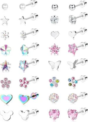 THUNARAZ 16 Pairs Hypoallergenic Screw Back Earrings for Girls Women Surgical Steel Cute CZ Heart Flower Star Butterfly Screwback Stud Earrings Set 20G