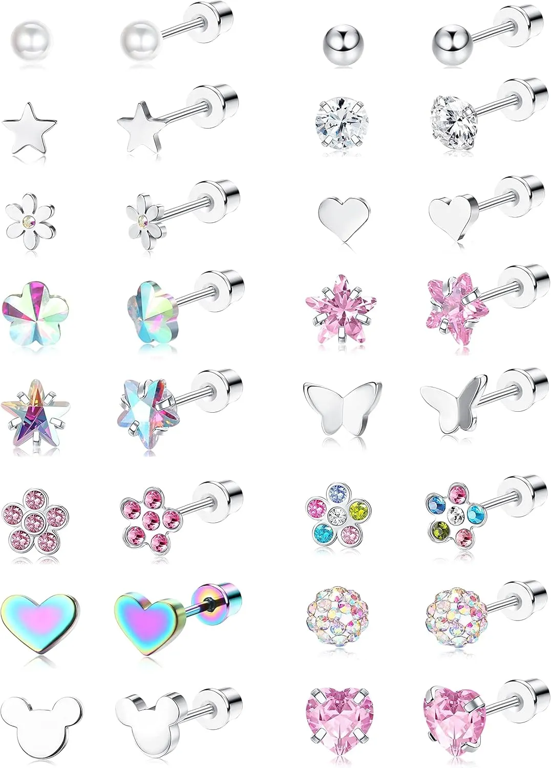 THUNARAZ 16 Pairs Hypoallergenic Screw Back Earrings for Girls Women Surgical Steel Cute CZ Heart Flower Star Butterfly Screwback Stud Earrings Set 20G