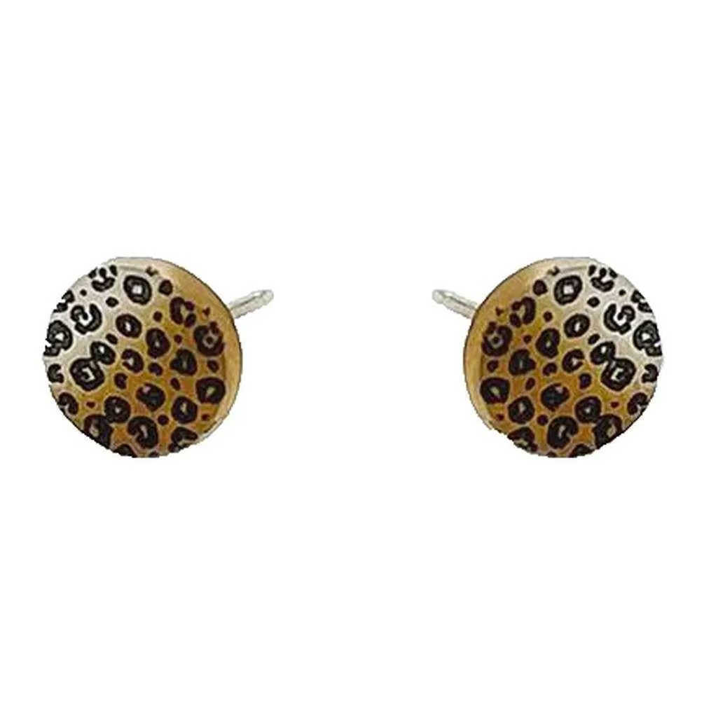 Ti2 Titanium Leopard Print Small Round Stud Earrings - Silver/Brown