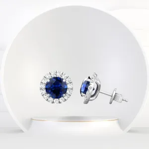 Tiber - Round Cut Blue Sapphire & Diamond Halo Earrings