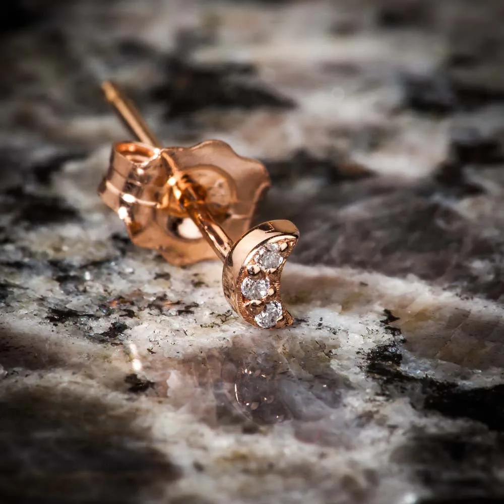 Tiny Crescent Moon Diamond Pave 14K Gold Earring