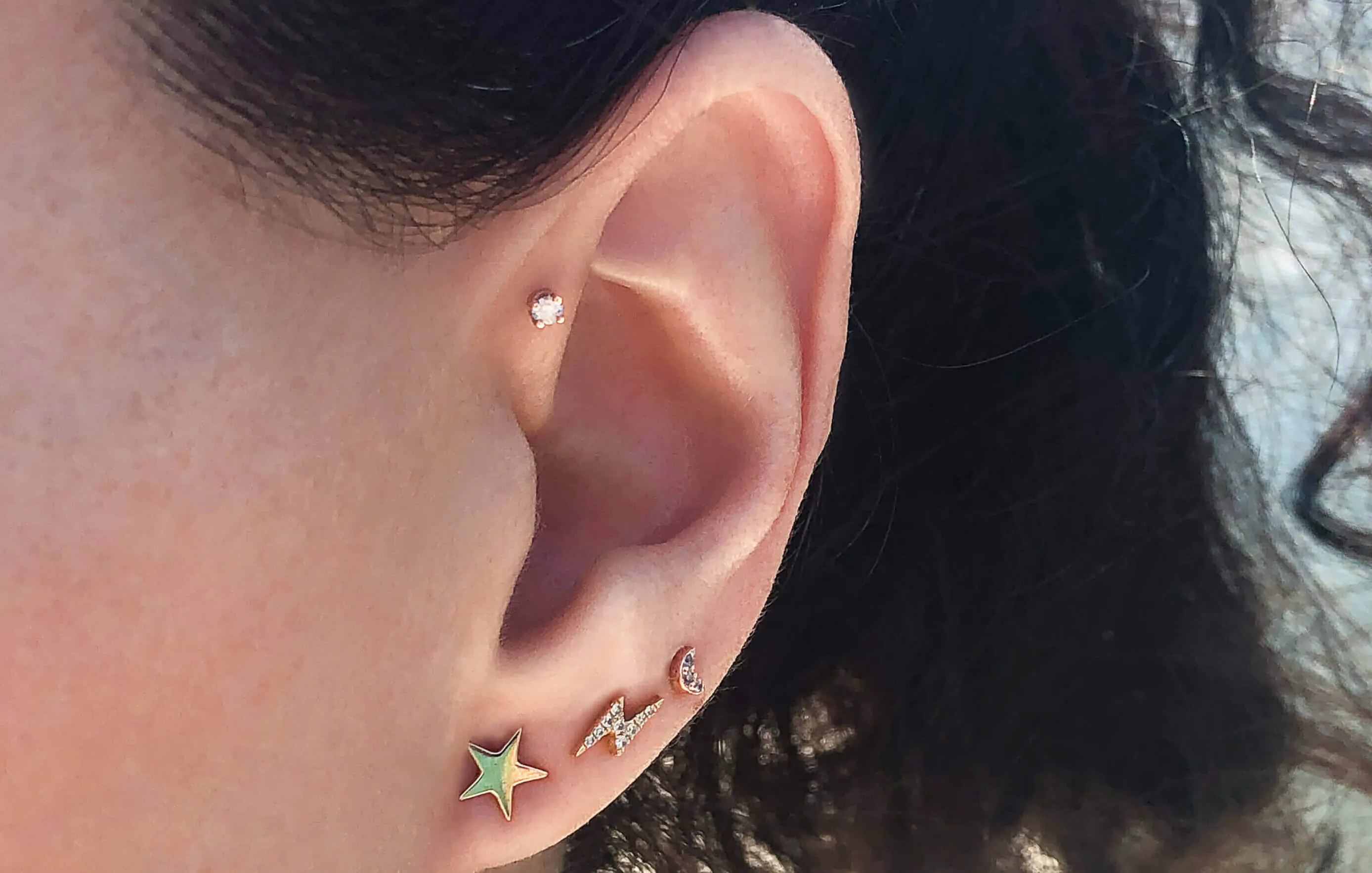 Tiny Crescent Moon Diamond Pave 14K Gold Earring