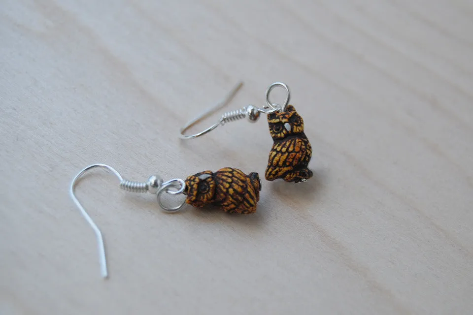 Tiny Night Owl Earrings | Cute Ceramic Painted Owls | Bird Charm Dangle Jewelry