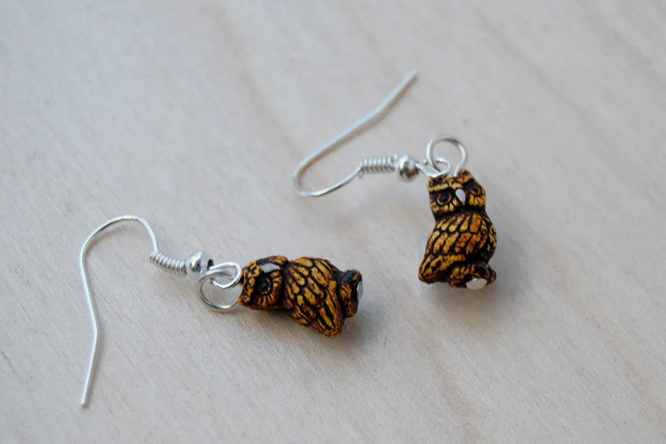 Tiny Night Owl Earrings | Cute Ceramic Painted Owls | Bird Charm Dangle Jewelry