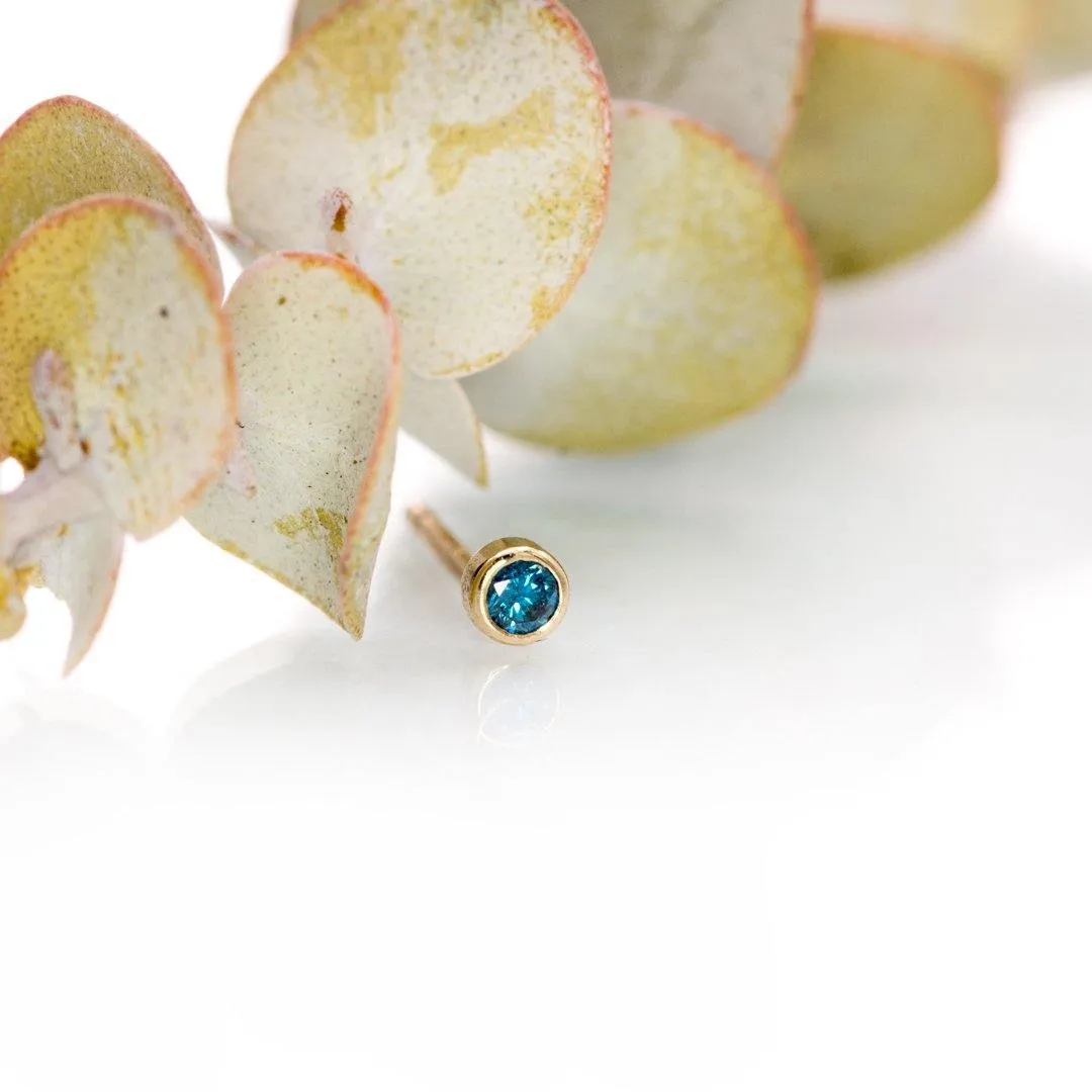 Tiny Teal Blue Diamond Bezel Set Gold or Platinum Single or Pair of Stud Earrings