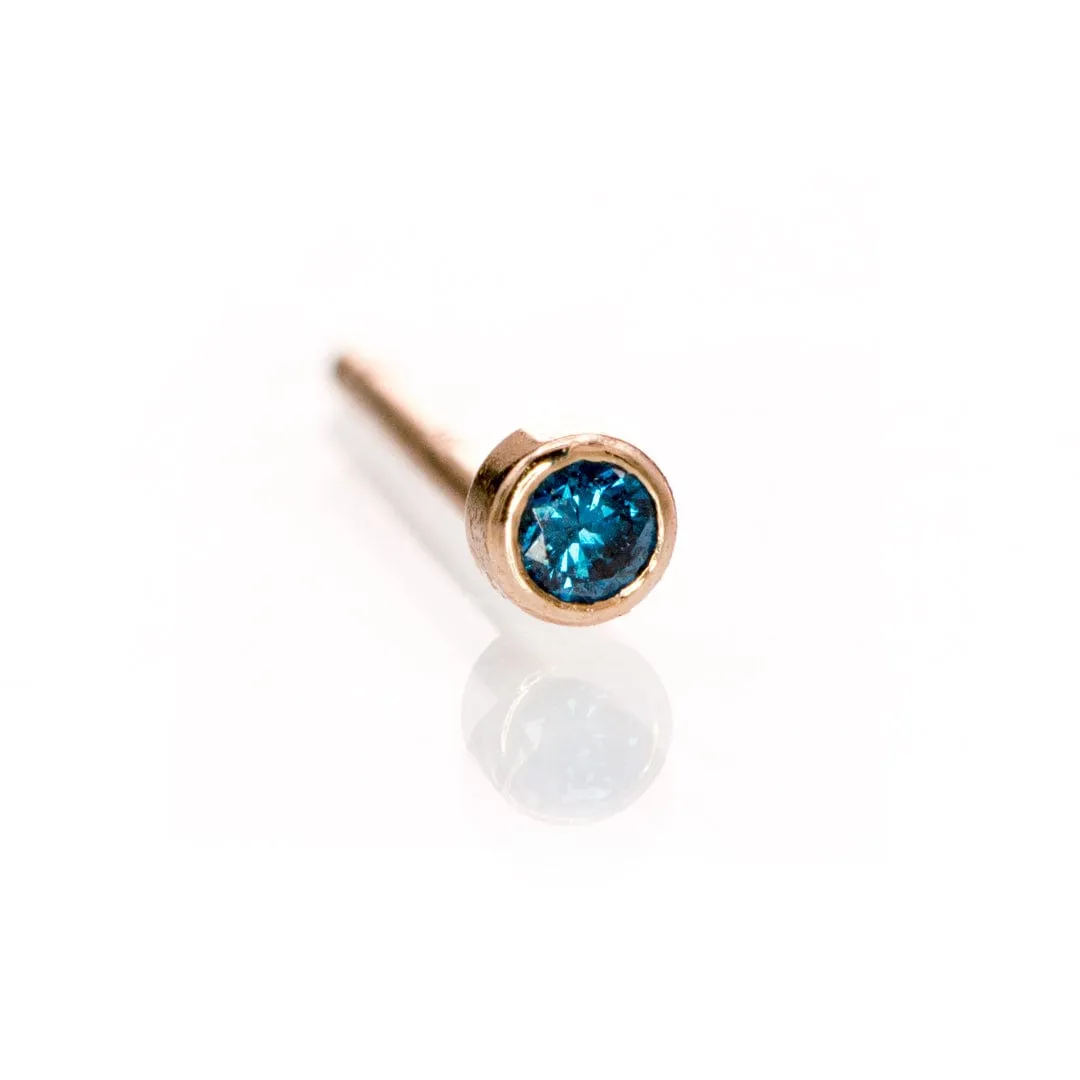 Tiny Teal Blue Diamond Bezel Set Gold or Platinum Single or Pair of Stud Earrings