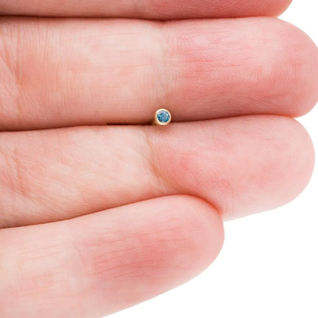 Tiny Teal Blue Diamond Bezel Set Gold or Platinum Single or Pair of Stud Earrings