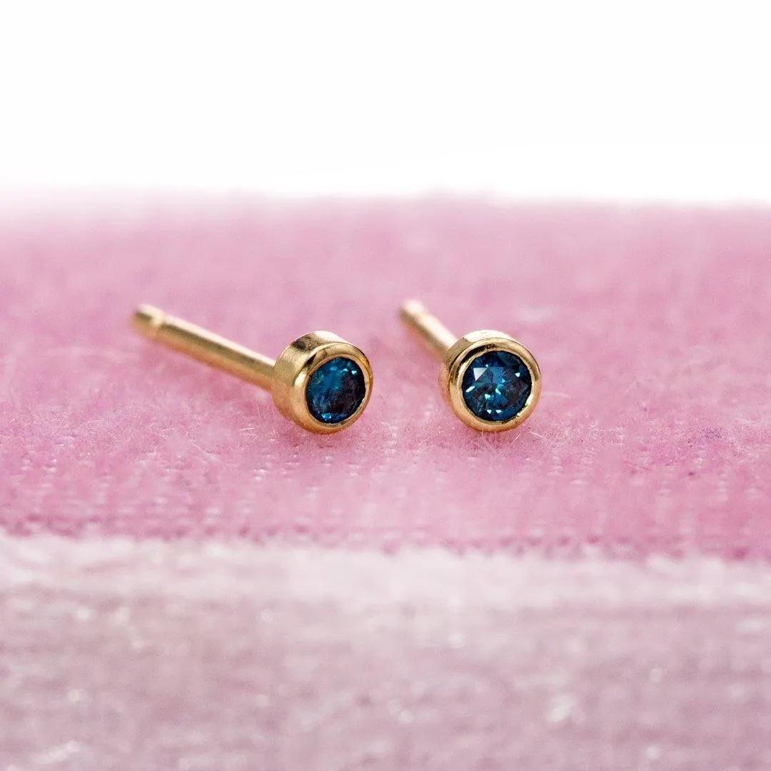 Tiny Teal Blue Diamond Bezel Set Gold or Platinum Single or Pair of Stud Earrings