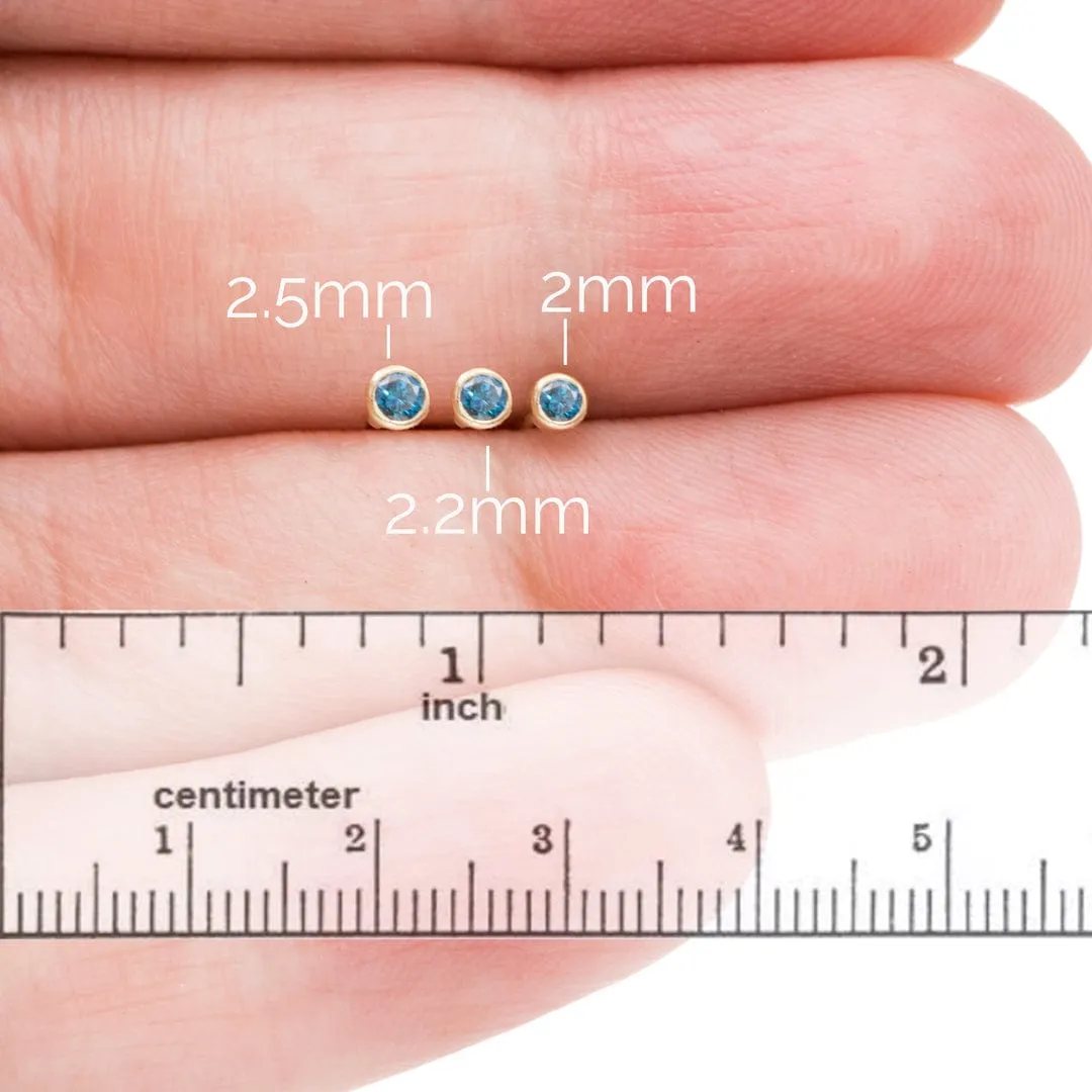 Tiny Teal Blue Diamond Bezel Set Gold or Platinum Single or Pair of Stud Earrings