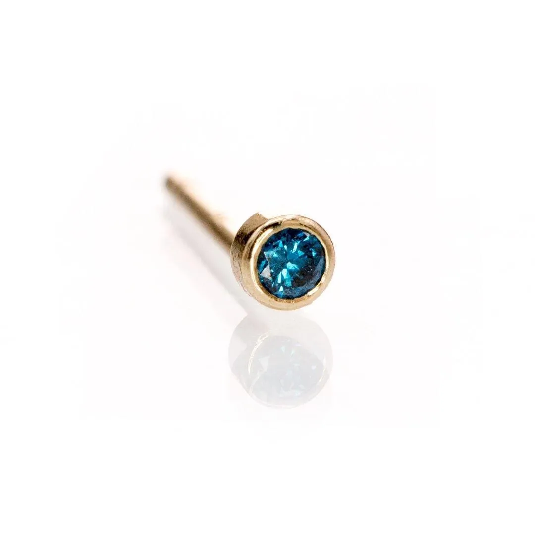 Tiny Teal Blue Diamond Bezel Set Gold or Platinum Single or Pair of Stud Earrings