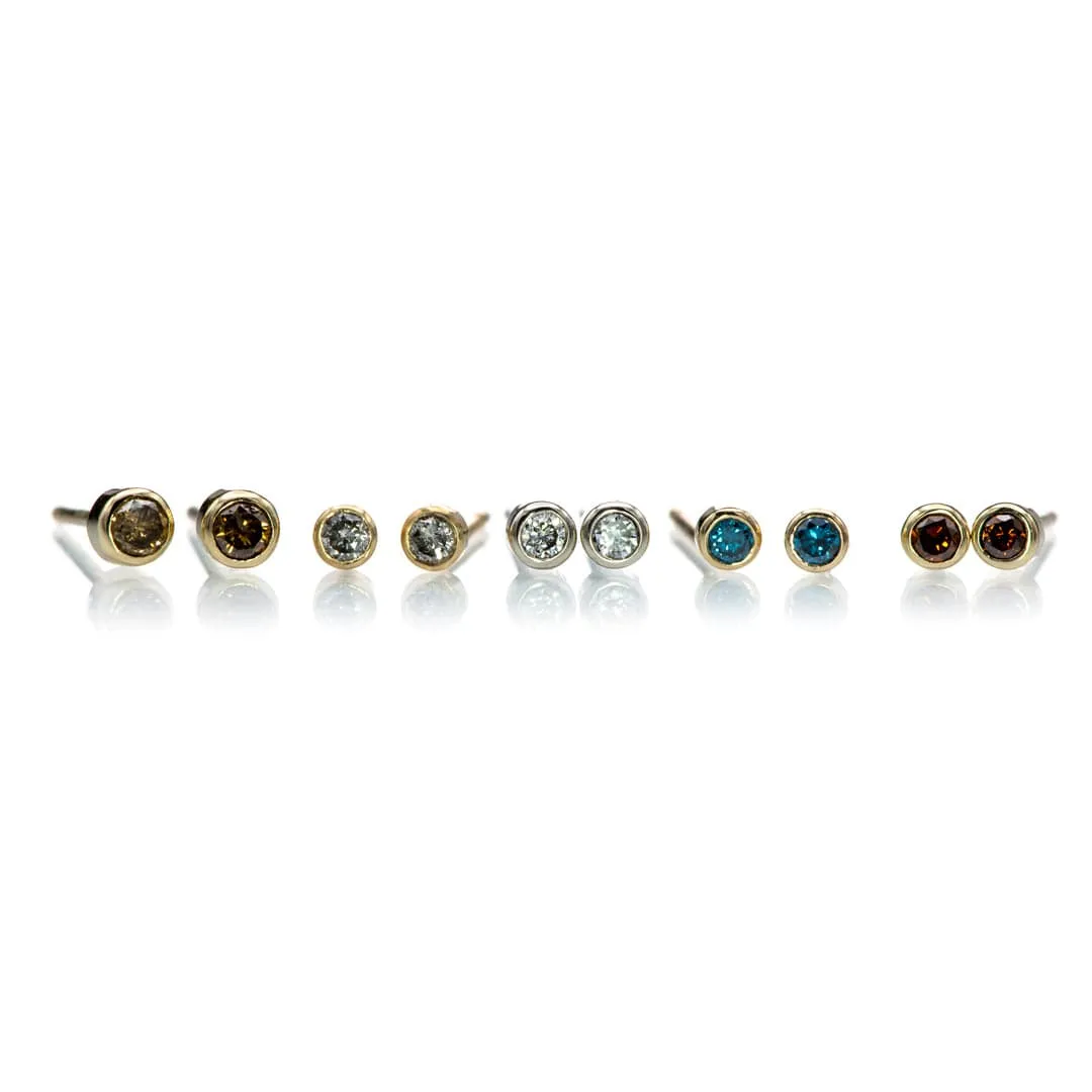 Tiny Teal Blue Diamond Bezel Set Gold or Platinum Single or Pair of Stud Earrings