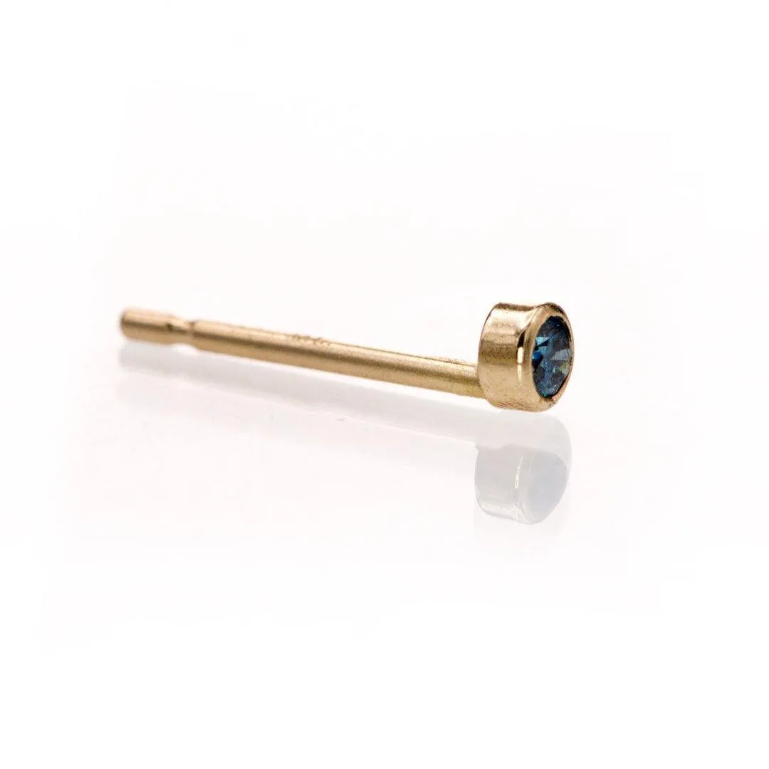 Tiny Teal Blue Diamond Bezel Set Gold or Platinum Single or Pair of Stud Earrings