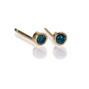 Tiny Teal Blue Diamond Bezel Set Gold or Platinum Single or Pair of Stud Earrings