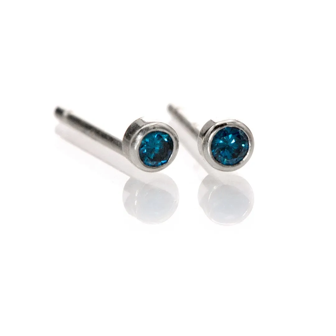 Tiny Teal Blue Diamond Bezel Set Gold or Platinum Single or Pair of Stud Earrings