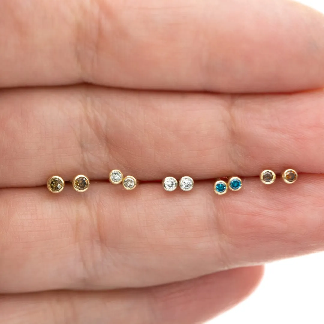 Tiny Teal Blue Diamond Bezel Set Gold or Platinum Single or Pair of Stud Earrings