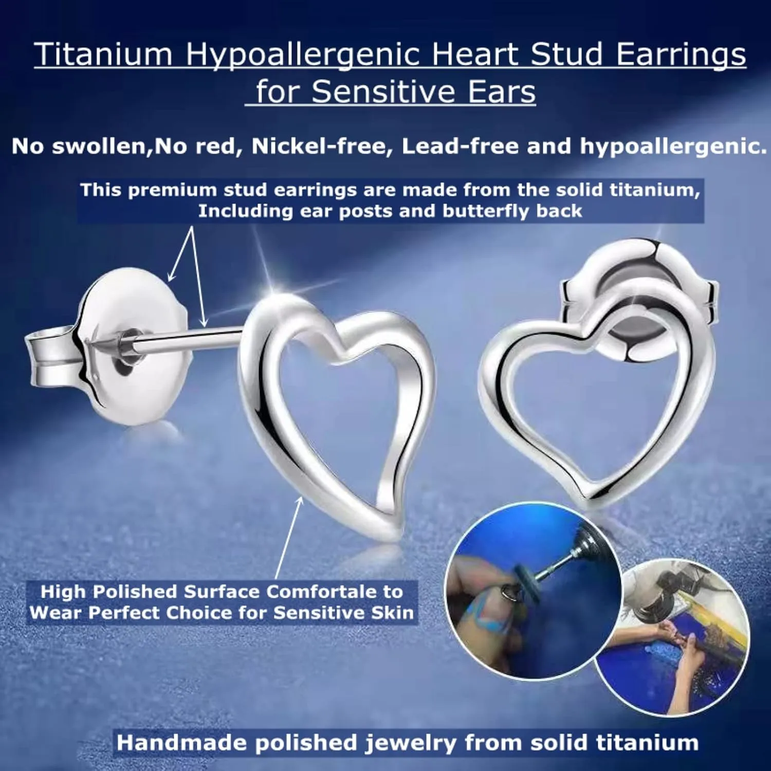 Titanium Earrings, Hypoallergenic Stud Earrings for Women Men Sensitive Ears Star/Moon/Lightning Bolt/Open Heart Premium High Polished (Shiny Grey)