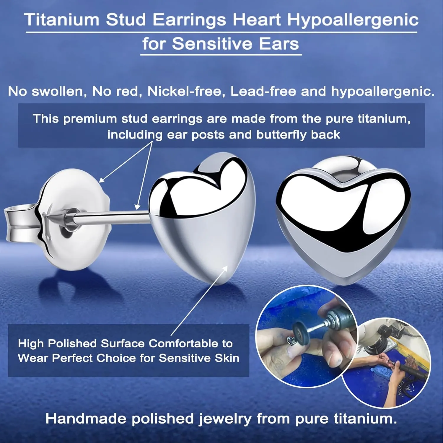 Titanium Earrings Tiny Dot/Heart/Triangle Stud Earrings, Hypoallergenic for Sensitive Ears Women Men, Premium High Polished (Shiny Grey)