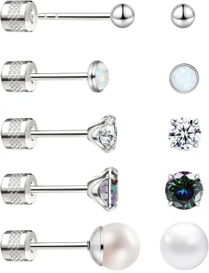 Titanium Stud Earrings, 5 Pairs Threadless Hypoallergenic Cubic Zirconia Earrings Studs Opal Ball Pearl Stud Earrings for Women, Surgical Stainless Steel Stud Earrings Set for Cartilage