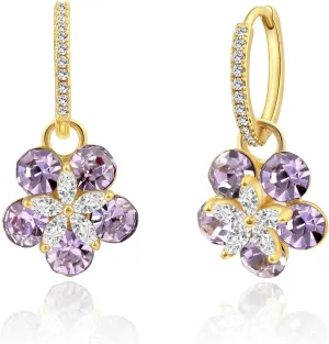 Trendy Flower Huggie Small Hoop Earrings with Hypoallergenic Purple Amethyst Birthstones, 14K Gold Plated Drop Dangle Earrings for Women