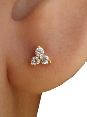Trio Diamond Stud Earrings / 14k Solid Gold Three Stone Earrings/Minimalist Gold Earrings/Tiny Cluster Earrings (14k White Gold)