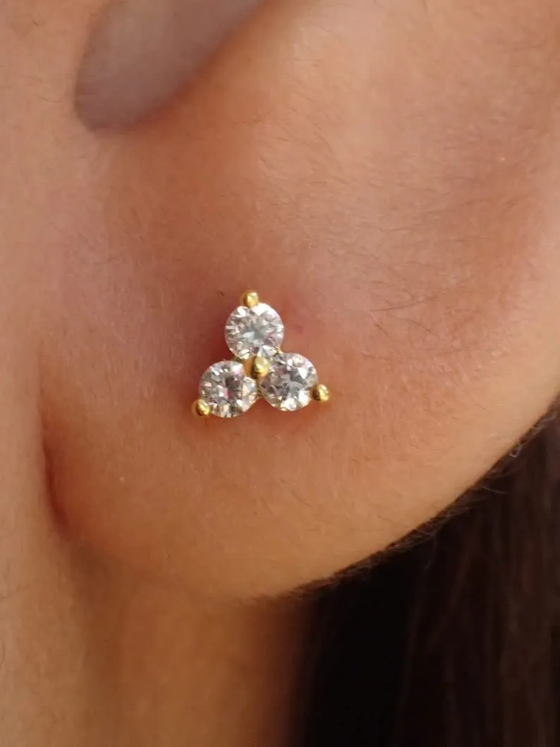 Trio Diamond Stud Earrings / 14k Solid Gold Three Stone Earrings/Minimalist Gold Earrings/Tiny Cluster Earrings (14k White Gold)