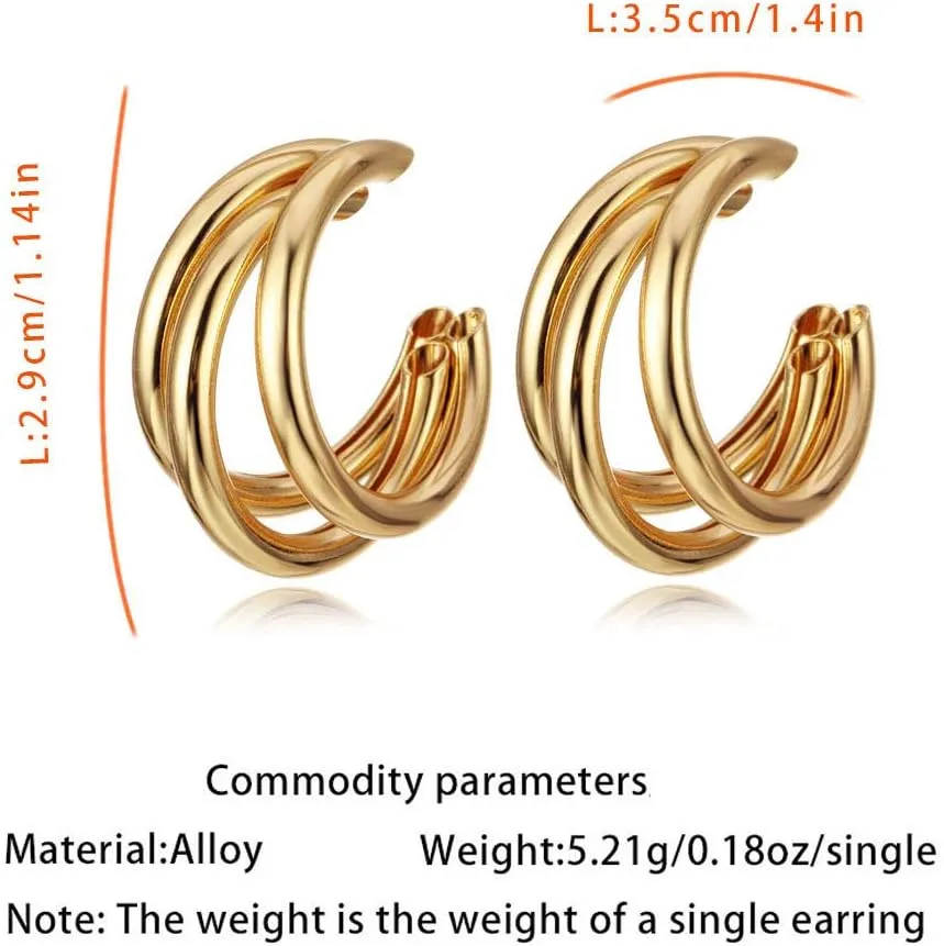 Triple Layer C-Shaped Hoop Earrings, Gold and Silver, Fashion Statement Jewelry, Modern Minimalist Design