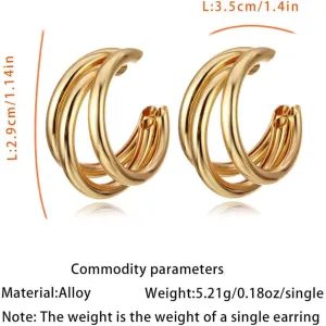Triple Layer C-Shaped Hoop Earrings, Gold and Silver, Fashion Statement Jewelry, Modern Minimalist Design