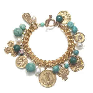 Turquoise, Pearls, Cloisonne Beads and 7 Red Bronze Medals all on a Vintage Chain Bracelet