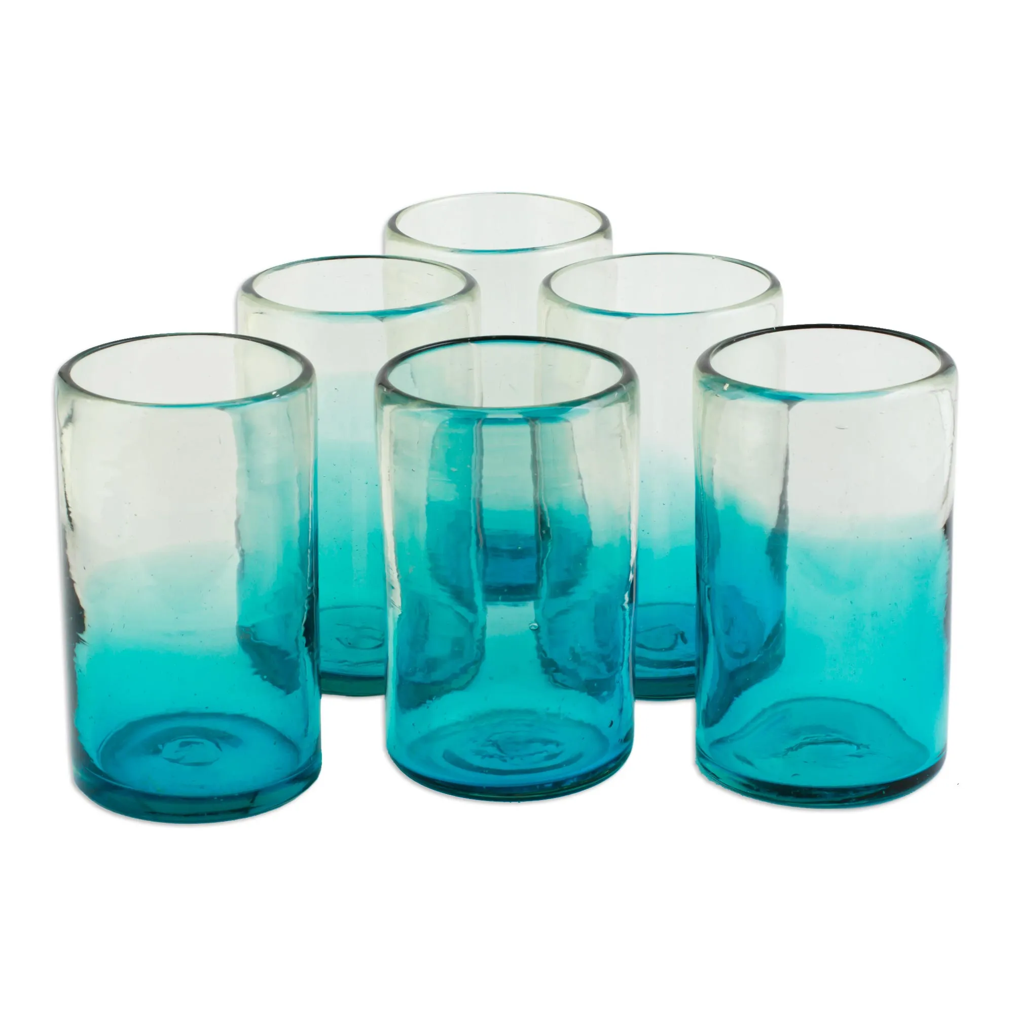 Turquoise Recycled Glass Tumblers from Mexico (Set of 6) - Tall Cooling Aquamarine | NOVICA