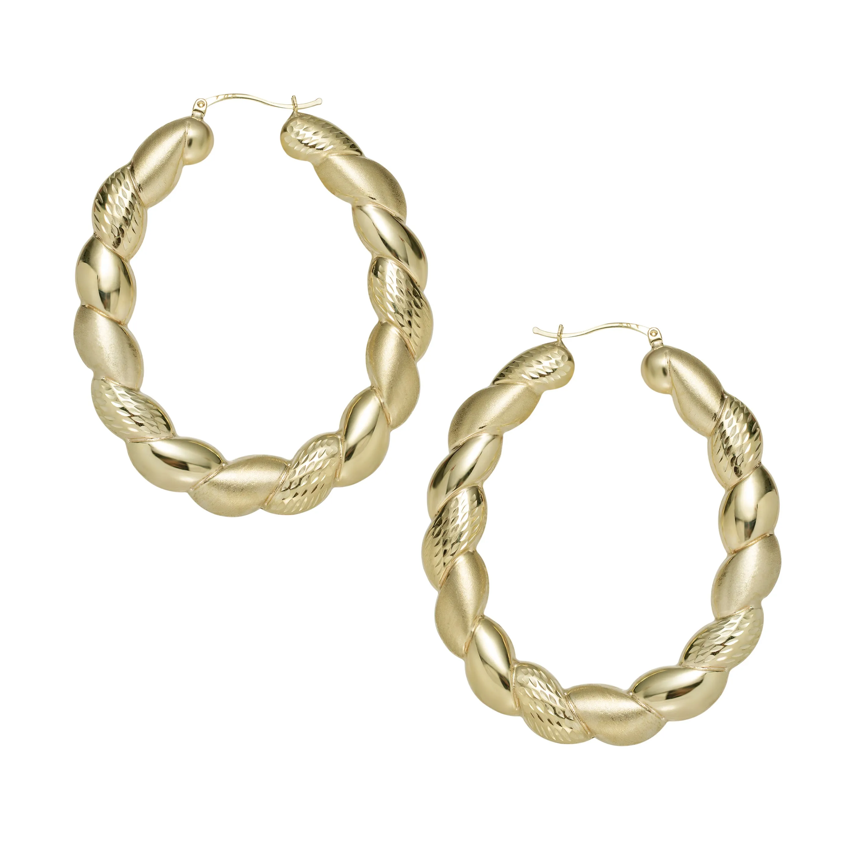 Twisted Diamond-Cut Bamboo Hoop Earrings 10K & 14K Yellow Gold