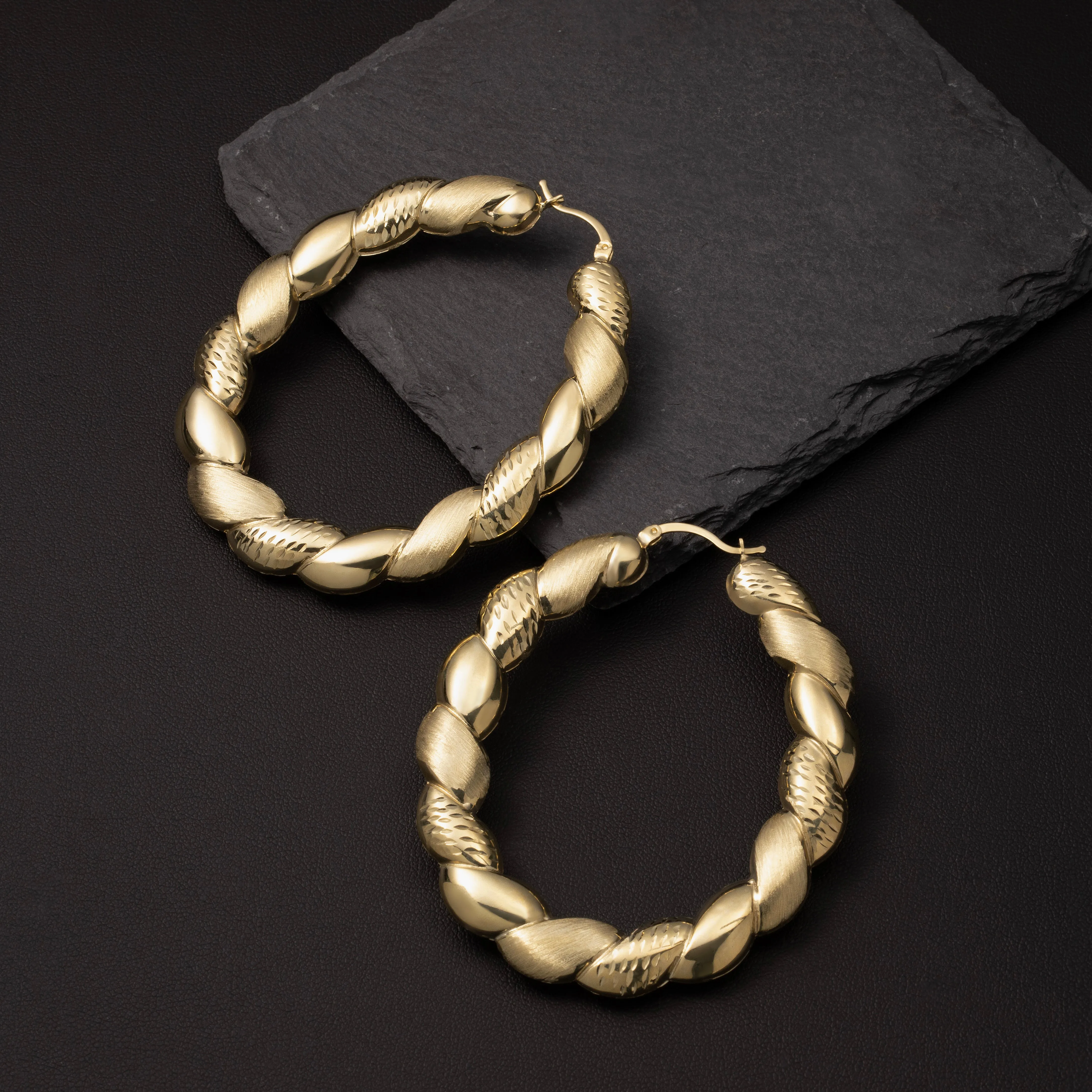 Twisted Diamond-Cut Bamboo Hoop Earrings 10K & 14K Yellow Gold