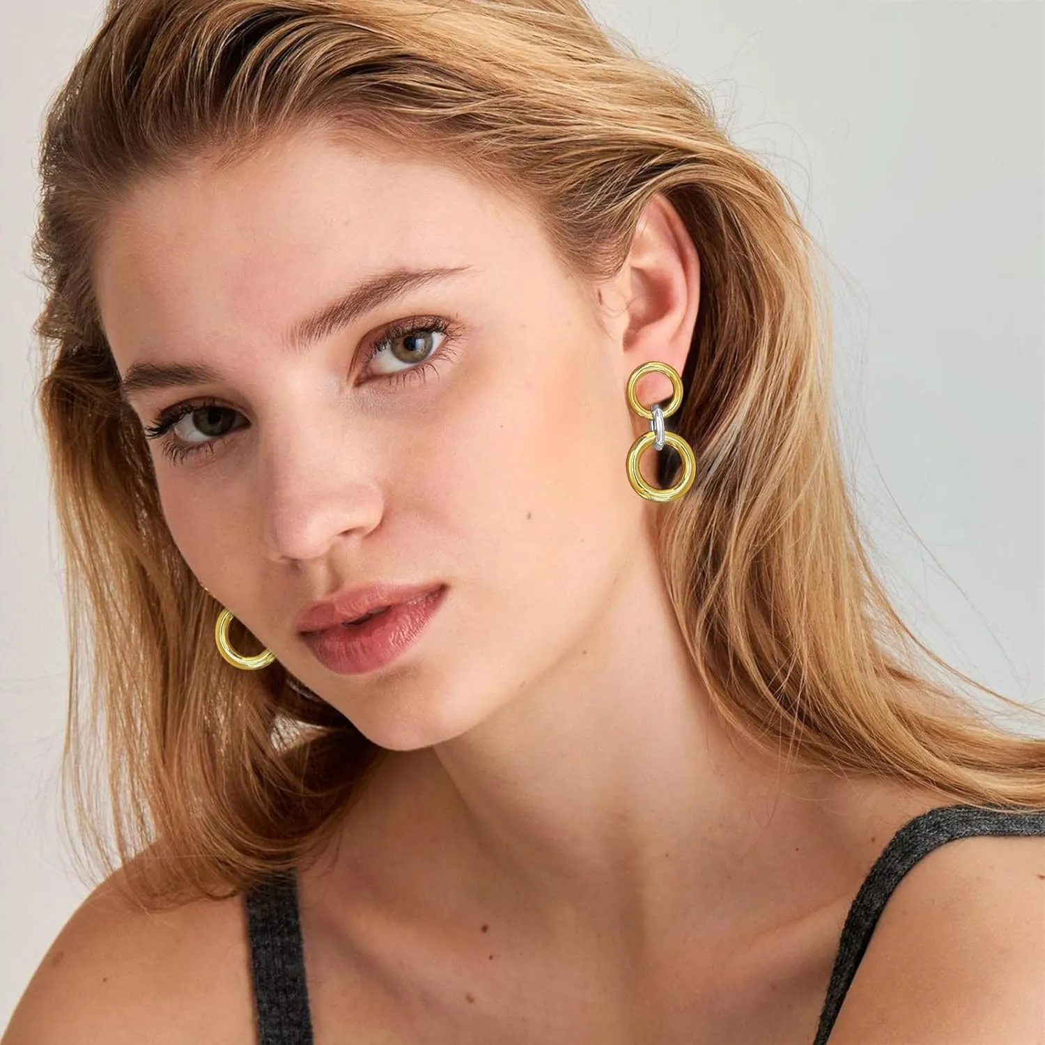 Two Tone Dangle Earrings for Women Gold and Silver Paperclip Chain Earrings Big Drop Earrings