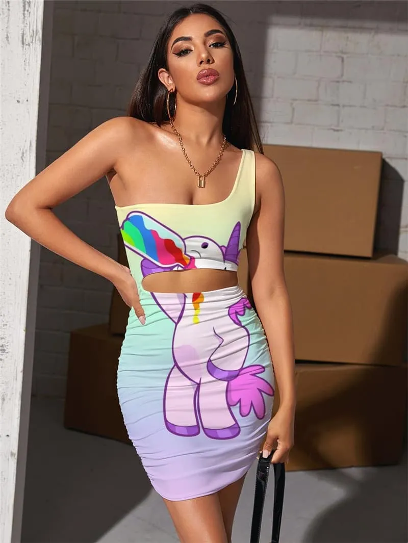 Unicorn Dress Women Animal Vestido Sexy Rainbow Pleating Gradient Hollow out Dresses