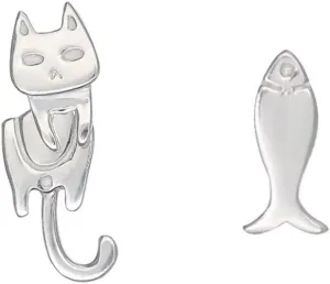 Unique Asymmetrical Cat Fish Stud Earrings 925 Sterling Silver Post Minimalist Cute Small Animal Cartilage Piercing Studs Hypoallergenic Lovely Funny Jewelry Christmas Gift For Women Pet Lover