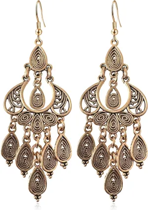 Unique Bohemian Vintage Bronze Chandelier Teardrop Flower Geometry Dangle Drop Earrings For Women
