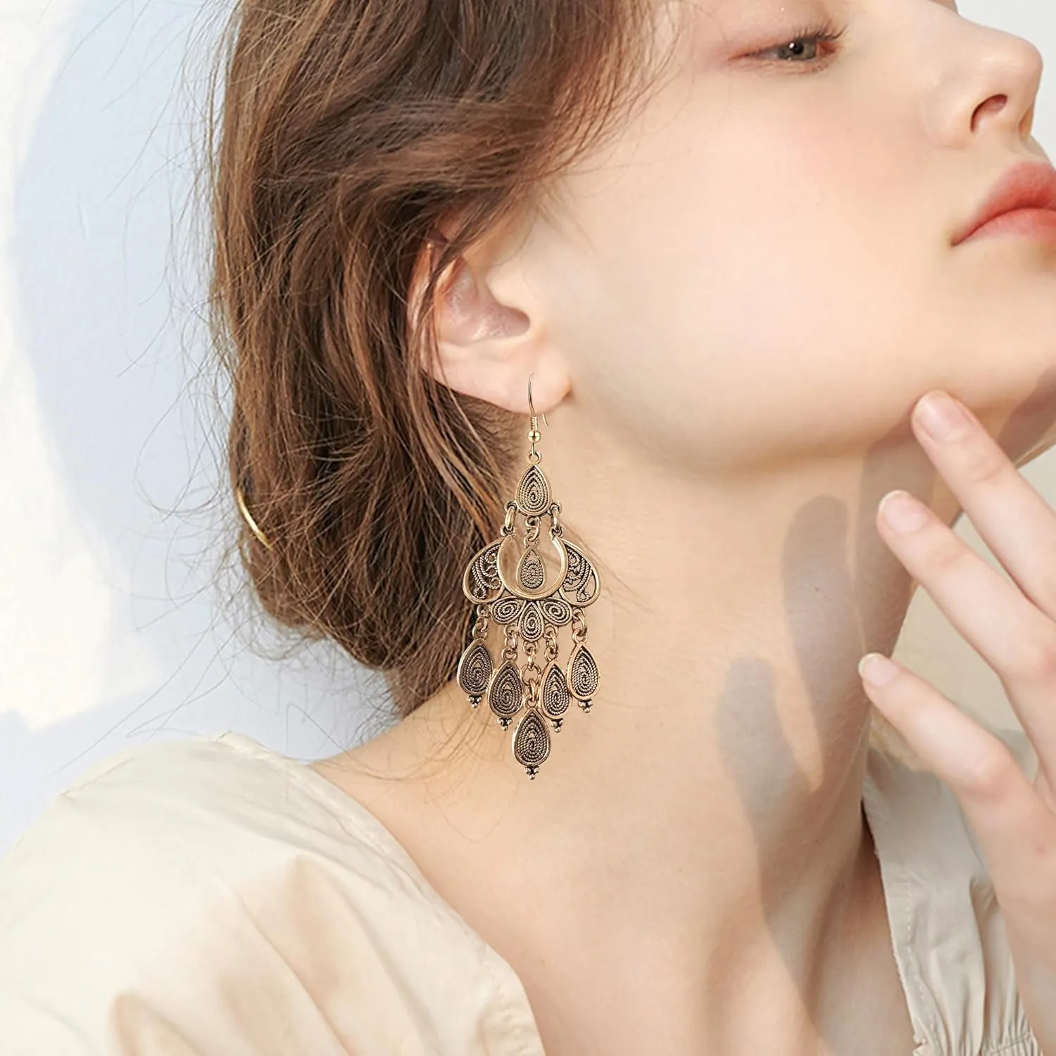 Unique Bohemian Vintage Bronze Chandelier Teardrop Flower Geometry Dangle Drop Earrings For Women