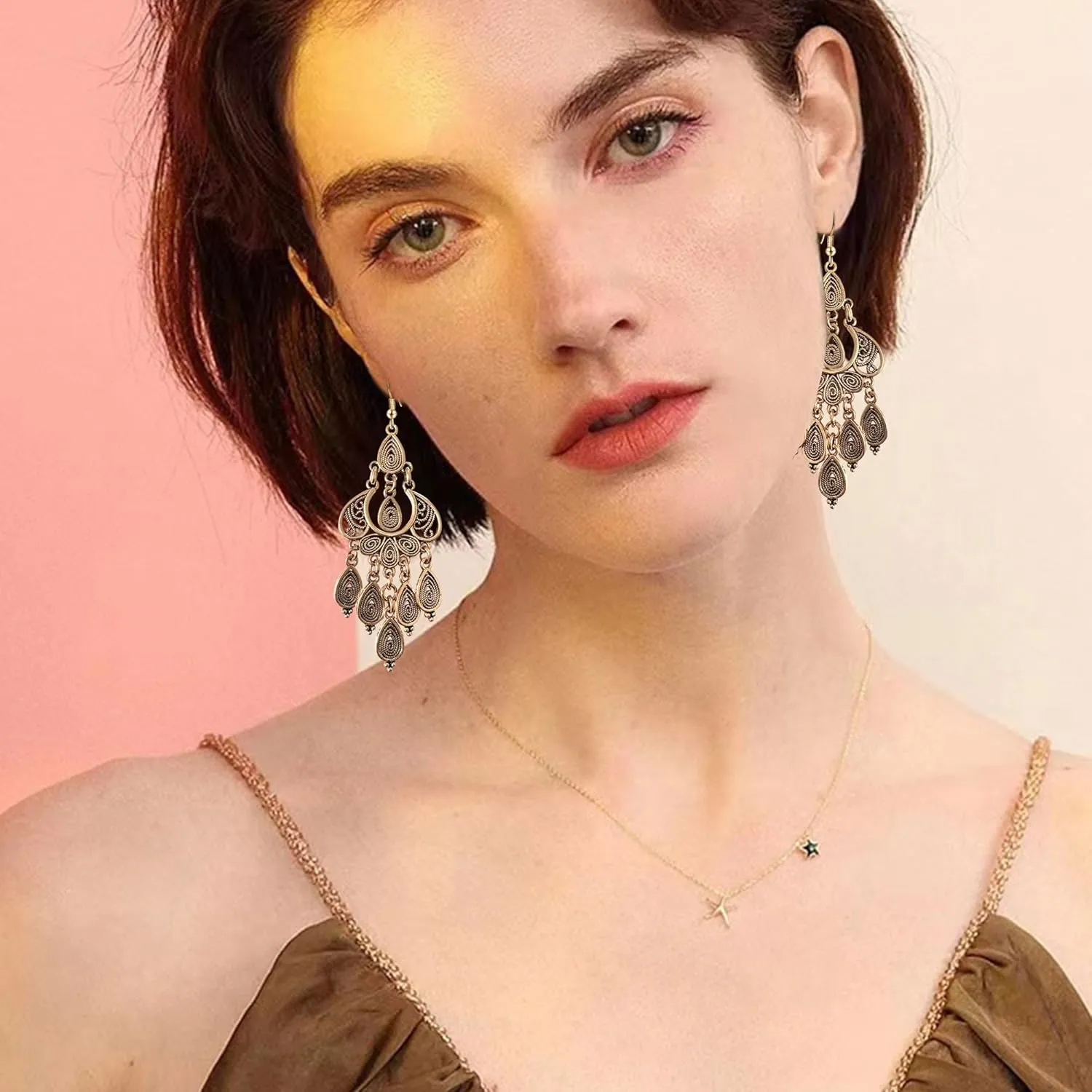 Unique Bohemian Vintage Bronze Chandelier Teardrop Flower Geometry Dangle Drop Earrings For Women