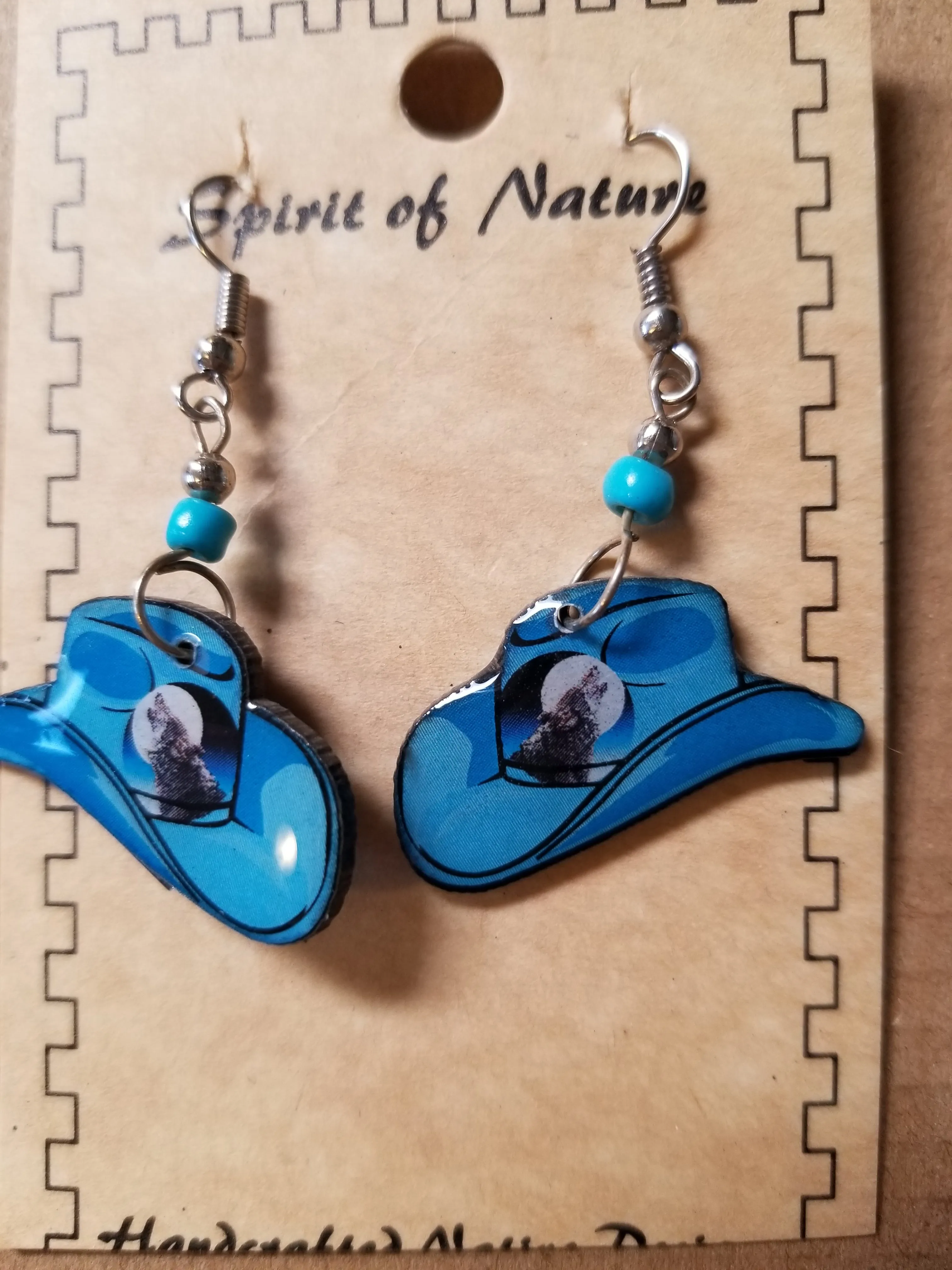 Varying Colors - Hand painted brown, fuchsia or blue hat earrings with howling wolf at the moon