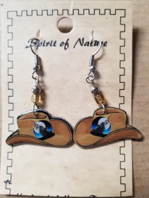 Varying Colors - Hand painted brown, fuchsia or blue hat earrings with howling wolf at the moon