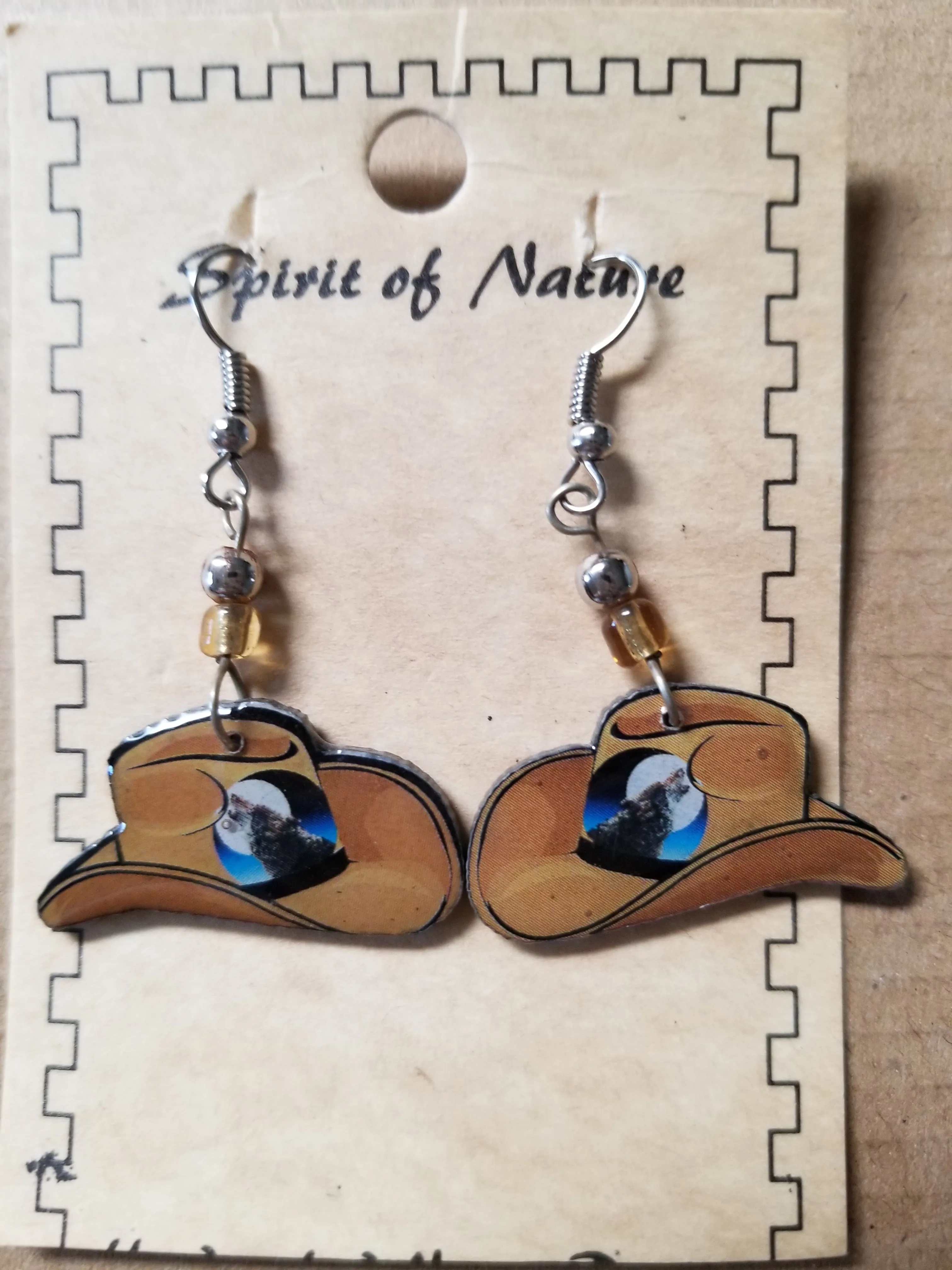 Varying Colors - Hand painted brown, fuchsia or blue hat earrings with howling wolf at the moon