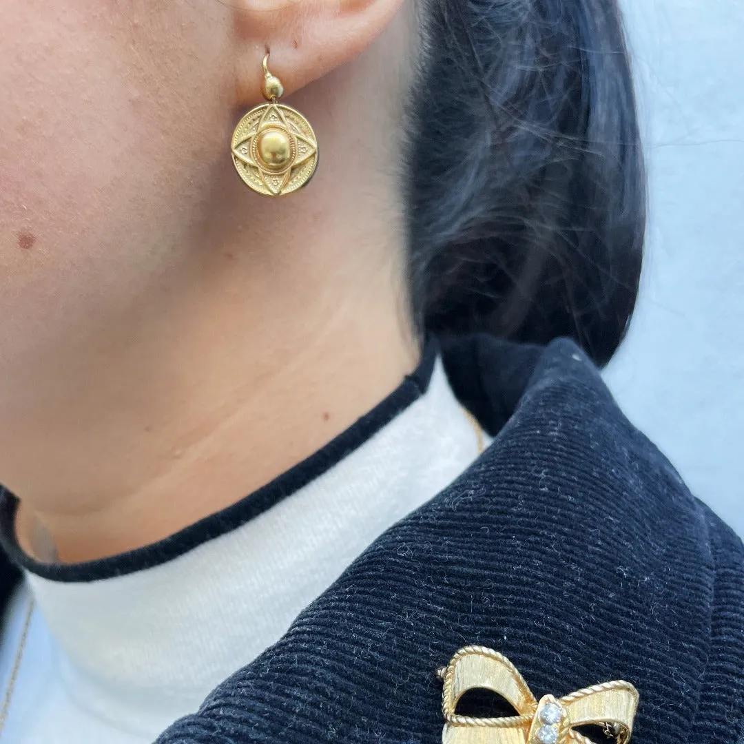Victorian Etruscan Revival 10K Yellow Gold Drop Earrings